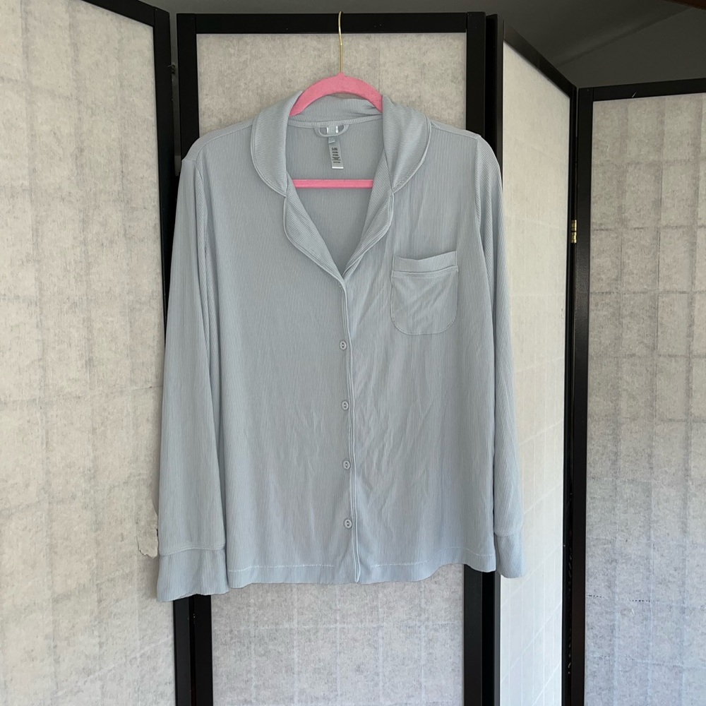 Skims Light Blue Long Sleeve Button Up Pajamas Set